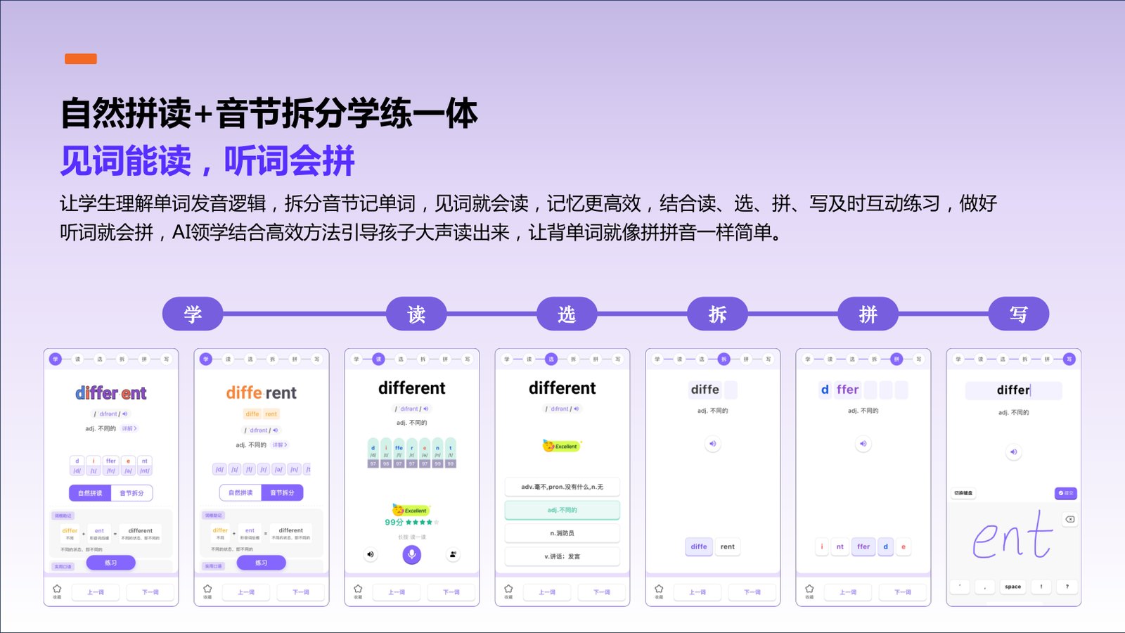 自然拼读与音节拆分的读、选、拆、拼、写学习流程